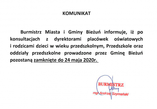 Komunikat - informacja dla rodziców.