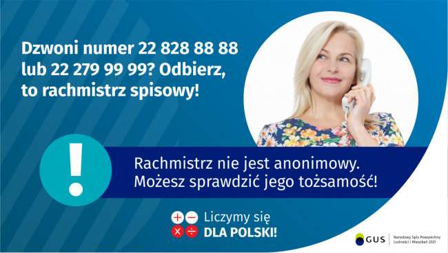 Na grafice jest napis: Dzwoni numer 22 828 88 88 lub 22 279 99 99? Odbierz, to rachmistrz spisowy! Po prawej stronie widać...