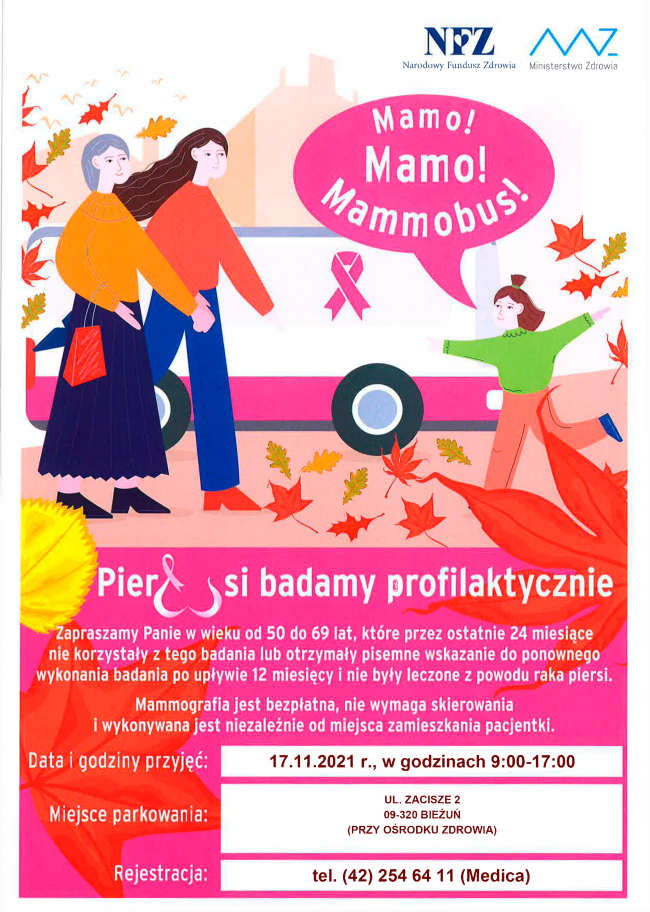 Informacja o badaniu mammograficznym w Bieżuniu ul. Zacisze 2 w dniu 17 listopada 2021 roku