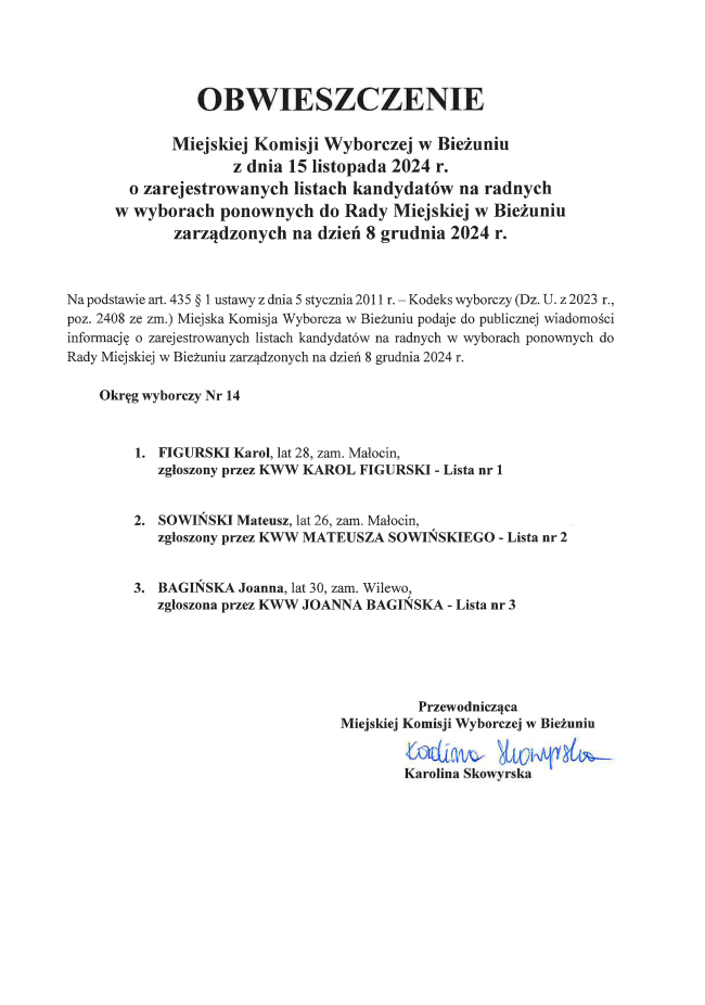 Obwieszczenie MKW w Bieżuniu z dnia 15.11.2024r.