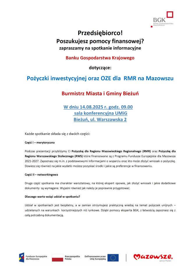 Zaproszenie - UG Bieżuń 14.08.2025 r. godz. 09.00