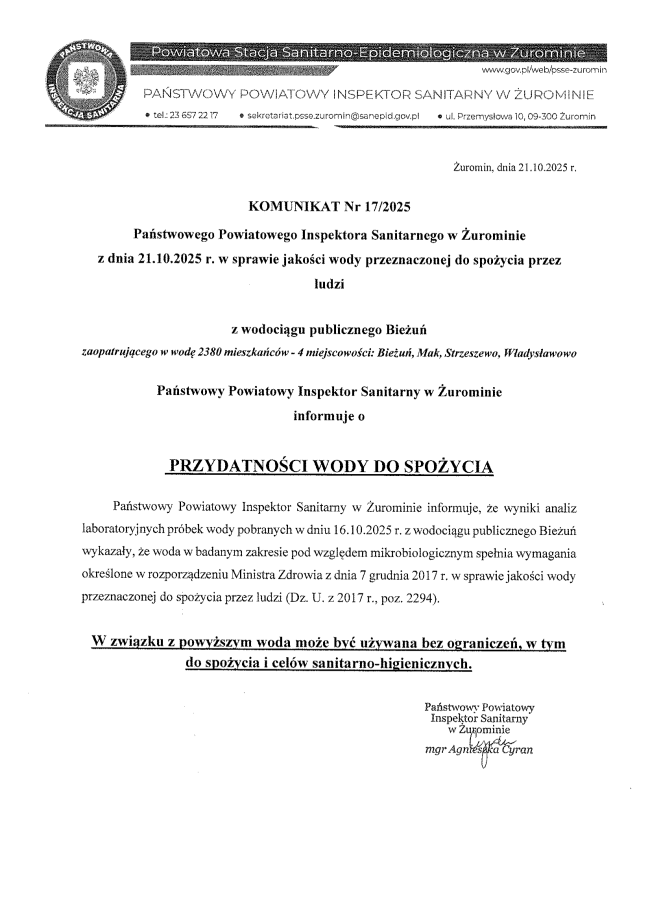 Komunikat nr 17- przydatność wody do spożycia Bieżuń
