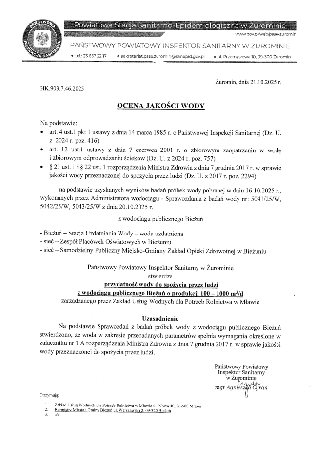 Ocena jakości wody- Bieżuń