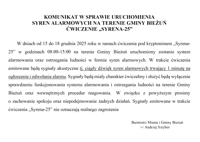 Komunikat w sprawie uruchomienia syren alarmowych - ćwieczenie SYRENA-25