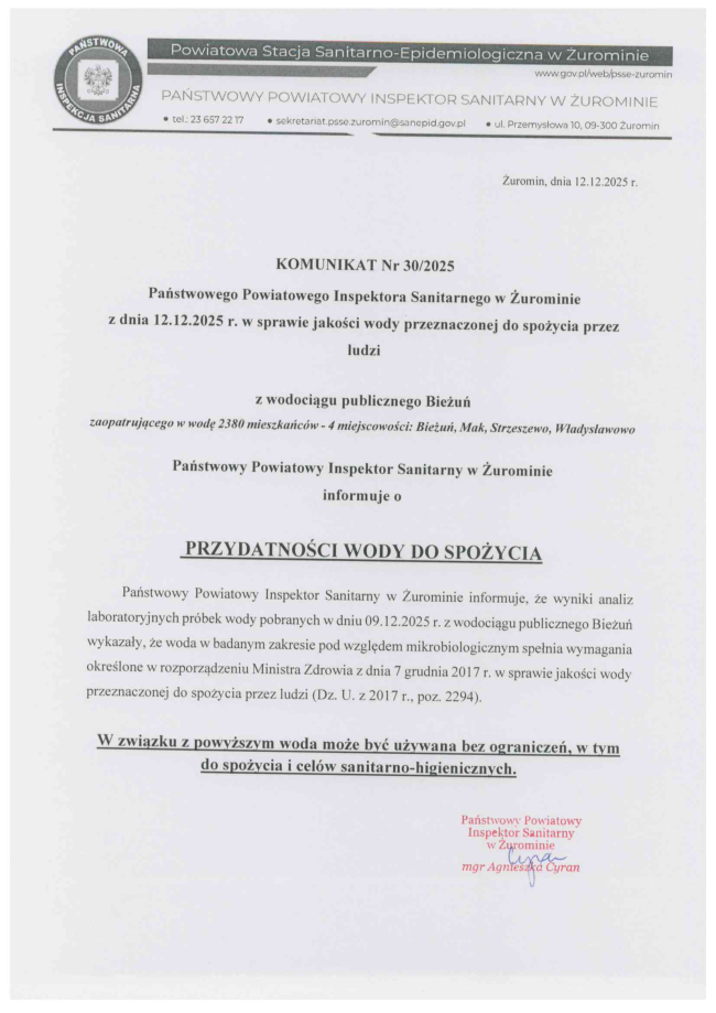 Komunikat o przydatności Bieżuń