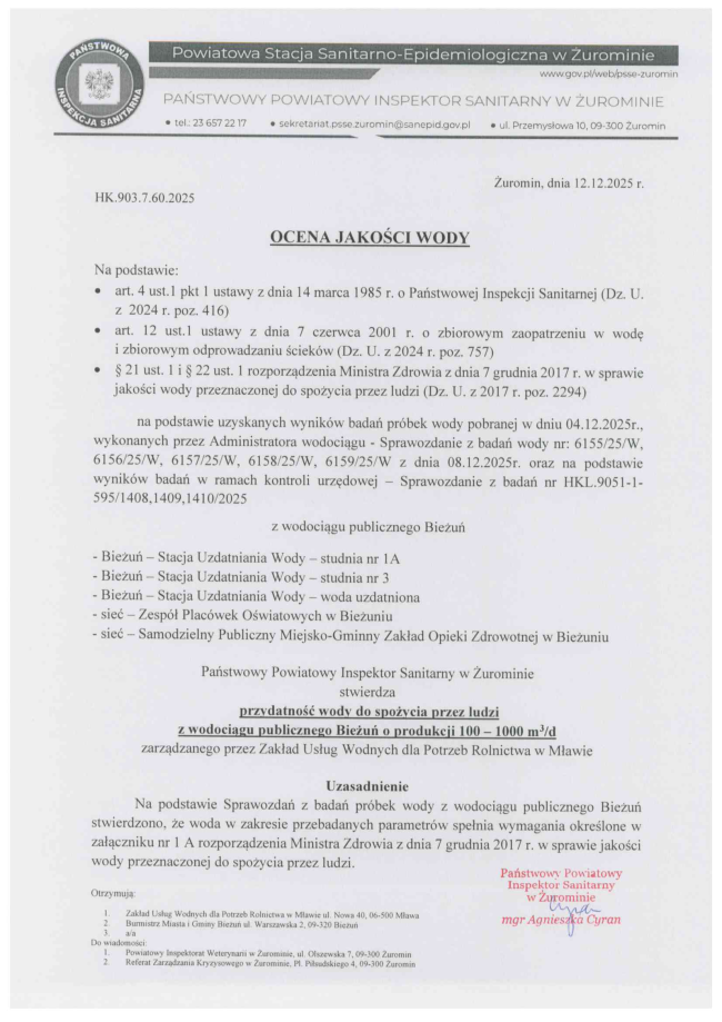ocena jakości wody Biezuń - przydatna