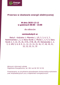 Uwaga mieszkańcy Bieżunia! Przerwa w dostawie prądu w dniu 12 grudnia 2025 roku.